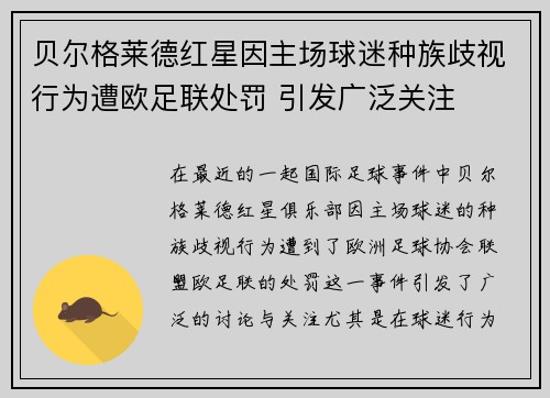 贝尔格莱德红星因主场球迷种族歧视行为遭欧足联处罚 引发广泛关注